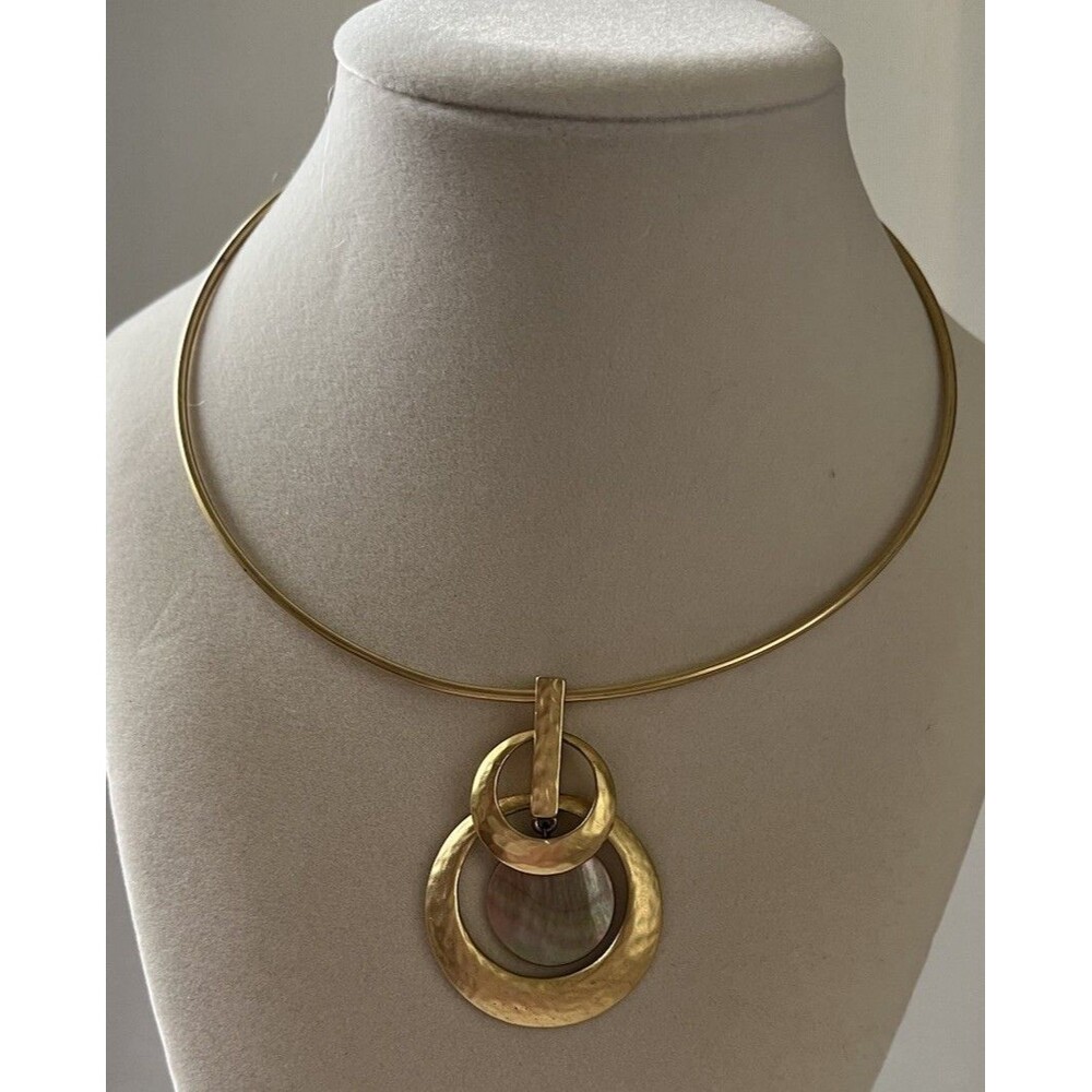 Tiered Geometric Pendant Collar Choker Necklace Thin Metal Rigid Wire Gold Tone